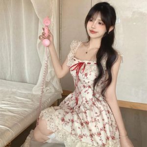 Elegant Summer Floral Lace Y2K Mini Dress with Casual Red Cardigan - 2 Piece Set