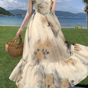 Elegant Summer Floral Ruffle A-Line Dress for Women - Sleeveless Casual Party Robe