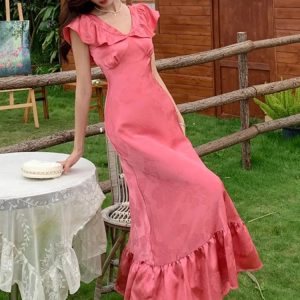 Elegant Summer French Vintage Midi Dress for Women - V-Neck Ruffles, A-Line, High Split Party Dress