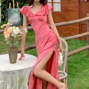 Elegant Summer French Vintage Midi Dress for Women - V-Neck Ruffles, A-Line, High Split Party Dress