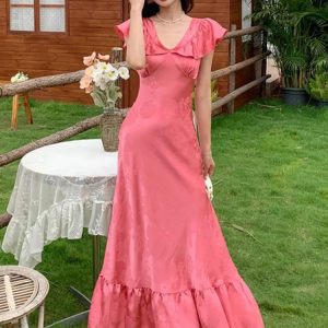 Elegant Summer French Vintage Midi Dress for Women - V-Neck Ruffles, A-Line, High Split Party Dress