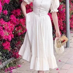 Elegant Summer Midi Dress - Vintage French Style, Casual Short Sleeve, Office & Party Ready