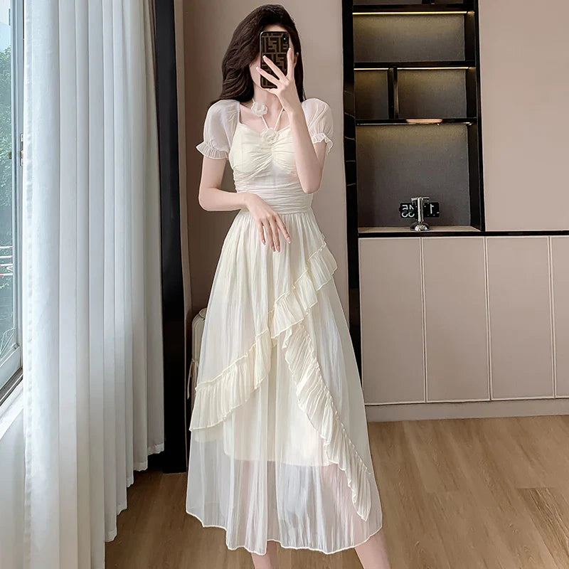 Elegant Summer Midi Dress 2024 - Vintage Solid Ruffle Party Robe with Fairycore Aesthetic