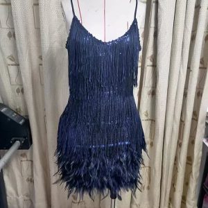 Elegant Tassel Sequins Mini Dress with Feather Spaghetti Straps for Summer Party Nights