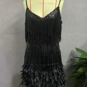 Elegant Tassel Sequins Mini Dress with Feather Spaghetti Straps for Summer Party Nights