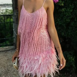 Elegant Tassel Sequins Mini Dress with Feather Spaghetti Straps for Summer Party Nights