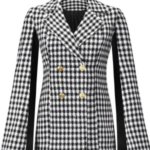 Elegant Thousand Bird Plaid Shawl Coat for Women - Hepburn Style Blazer Jacket for Autumn