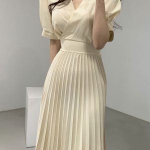 Elegant V-Neck A-Line Pleated Dress for Women - Y2K Fashion Office Casual Style Vestidos