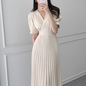 Elegant V-Neck A-Line Pleated Dress for Women - Y2K Fashion Office Casual Style Vestidos