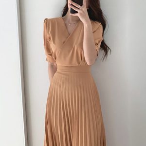 Elegant V-Neck A-Line Pleated Dress for Women - Y2K Fashion Office Casual Style Vestidos