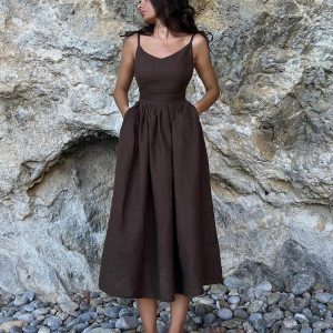 Elegant V Neck Backless Beach Dress for Women - Spliced Folded Maxi Sundress Party Wear