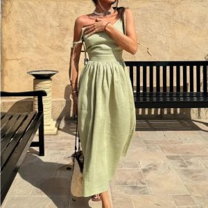 Elegant V Neck Backless Beach Dress for Women - Spliced Folded Maxi Sundress Party Wear