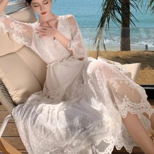 Elegant V-Neck French Lace Long Dress for Women - Summer Beach Party A-Line Prom Robe