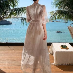 Elegant V-Neck French Lace Long Dress for Women - Summer Beach Party A-Line Prom Robe