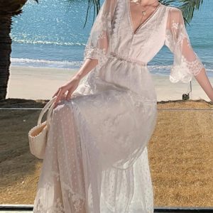 Elegant V-Neck French Lace Long Dress for Women - Summer Beach Party A-Line Prom Robe