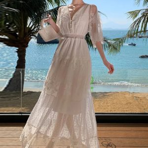 Elegant V-Neck French Lace Long Dress for Women - Summer Beach Party A-Line Prom Robe