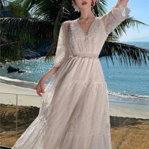 Elegant V-Neck French Lace Long Dress for Women - Summer Beach Party A-Line Prom Robe