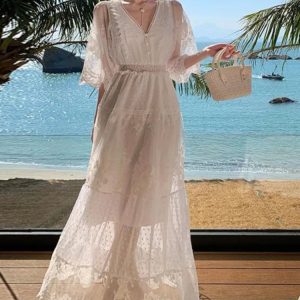 Elegant V-Neck French Lace Long Dress for Women - Summer Beach Party A-Line Prom Robe