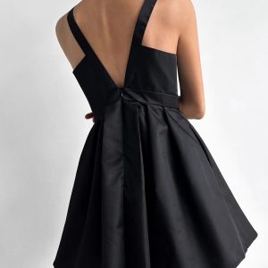 Elegant V-Neck Open Back High Waist Little Black Dress for Y2K Fashion Aesthetic