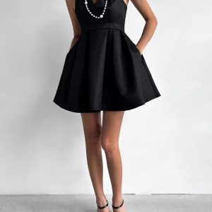 Elegant V-Neck Open Back High Waist Little Black Dress for Y2K Fashion Aesthetic