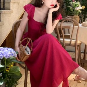 Elegant Vintage A-line Midi Dress for Women - Summer Square Collar High Waist Princess Style