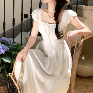 Elegant Vintage A-line Midi Dress for Women - Summer Square Collar High Waist Princess Style