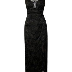 Elegant Vintage Black Bodycon Dress with Spaghetti Straps and Diamond Accents for Parties