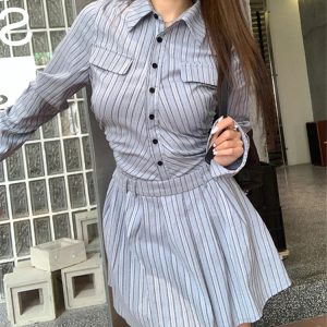 Elegant Vintage Blue Striped Y2K Mini Dress with Pleated Long Sleeves for Fall 2024