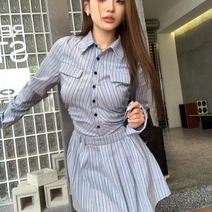 Elegant Vintage Blue Striped Y2K Mini Dress with Pleated Long Sleeves for Fall 2024