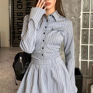 Elegant Vintage Blue Striped Y2K Mini Dress with Pleated Long Sleeves for Fall 2024