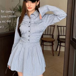 Elegant Vintage Blue Striped Y2K Mini Dress with Pleated Long Sleeves for Fall 2024