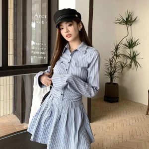 Elegant Vintage Blue Striped Y2K Mini Dress with Pleated Long Sleeves for Fall 2024