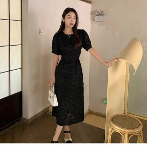 Elegant Vintage French Midi Dress for Women - Sweet Short Sleeve Summer Party Dress 2024