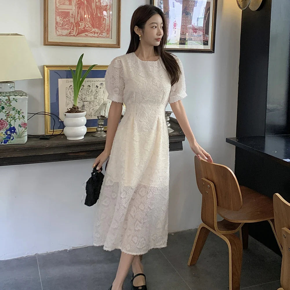 Elegant Vintage French Midi Dress for Women - Sweet Short Sleeve Summer Party Dress 2024