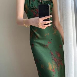 Elegant Vintage Green Satin Floral Print Bodycon Dress for Summer Evening Parties