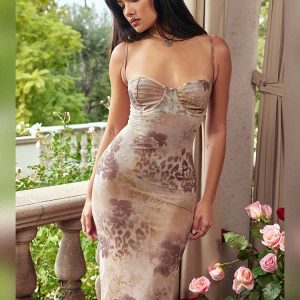 Elegant Vintage Leopard Print Spaghetti Strap Bodycon Dress for Summer Homecoming Events