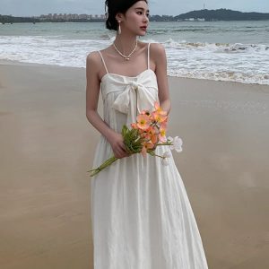 Elegant White A-Line Dress with Bow Tie Suspenders and Spaghetti Straps for Prom & Parties