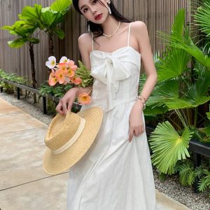 Elegant White A-Line Dress with Bow Tie Suspenders and Spaghetti Straps for Prom & Parties