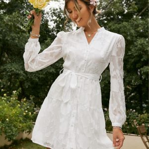 Elegant White A-Line Mesh Dress with Puff Sleeves and Sashes for Spring Summer Fashion