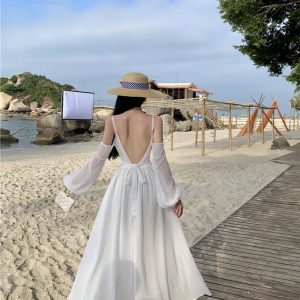 Elegant White Boho Midi Dress for Women - Summer Long Sleeve Backless Chiffon Casual Fashion