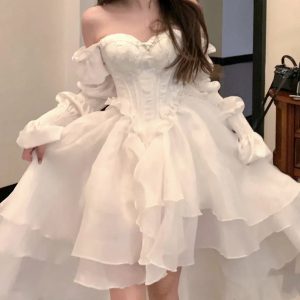 Elegant White Fairy Midi Dress for Women - Spring 2024 Casual Long Sleeve Y2K Aesthetic Party Dress