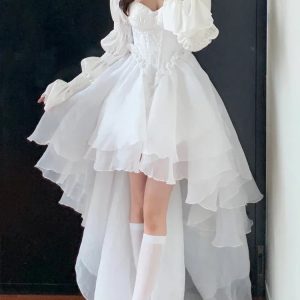 Elegant White Fairy Midi Dress for Women - Spring 2024 Casual Long Sleeve Y2K Aesthetic Party Dress