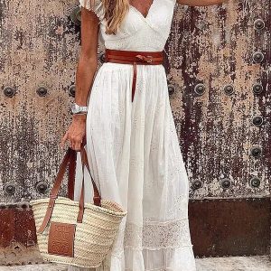 Elegant White Lace Maxi Dress - Vintage V-Neck Summer Party Dress for Casual Beach Outings