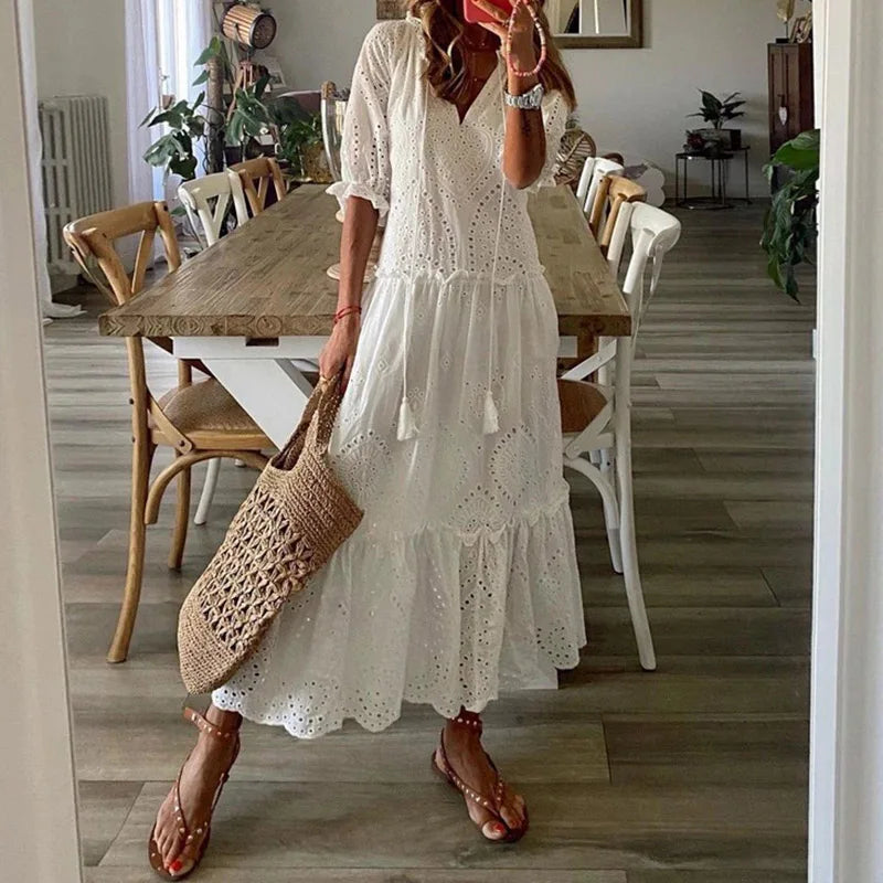 Elegant White Lace Maxi Dress - Vintage V-Neck Summer Party Dress for Casual Beach Outings