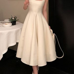 Elegant White Midi Dress for Women - Vintage Princess A-Line Party Dress in Y2K Style