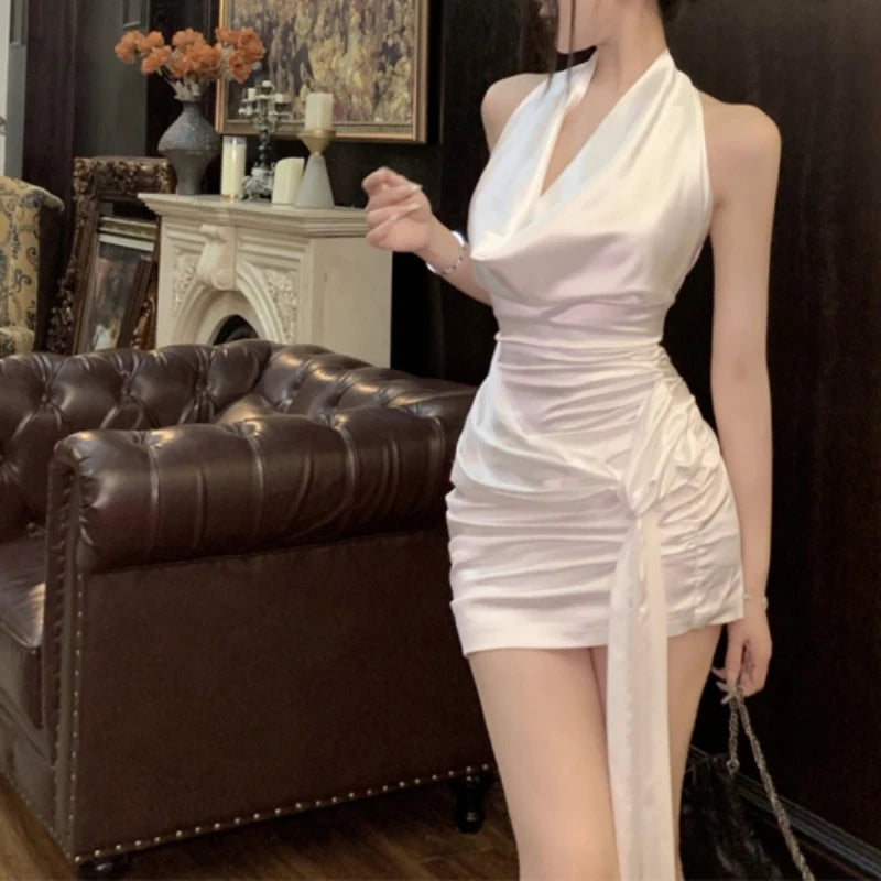 Elegant White Satin Pleated Halter Neck Mini Dress - Vintage Y2K Aesthetic Fashion