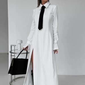 Elegant White Side Slit Midi Dress with Turn Collar Tie - Chic Loose Fit for Effortless Style