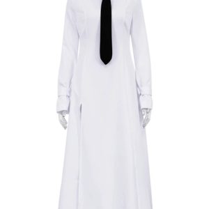 Elegant White Side Slit Midi Dress with Turn Collar Tie - Chic Loose Fit for Effortless Style