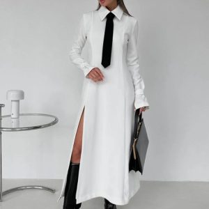 Elegant White Side Slit Midi Dress with Turn Collar Tie - Chic Loose Fit for Effortless Style