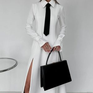 Elegant White Side Slit Midi Dress with Turn Collar Tie - Chic Loose Fit for Effortless Style